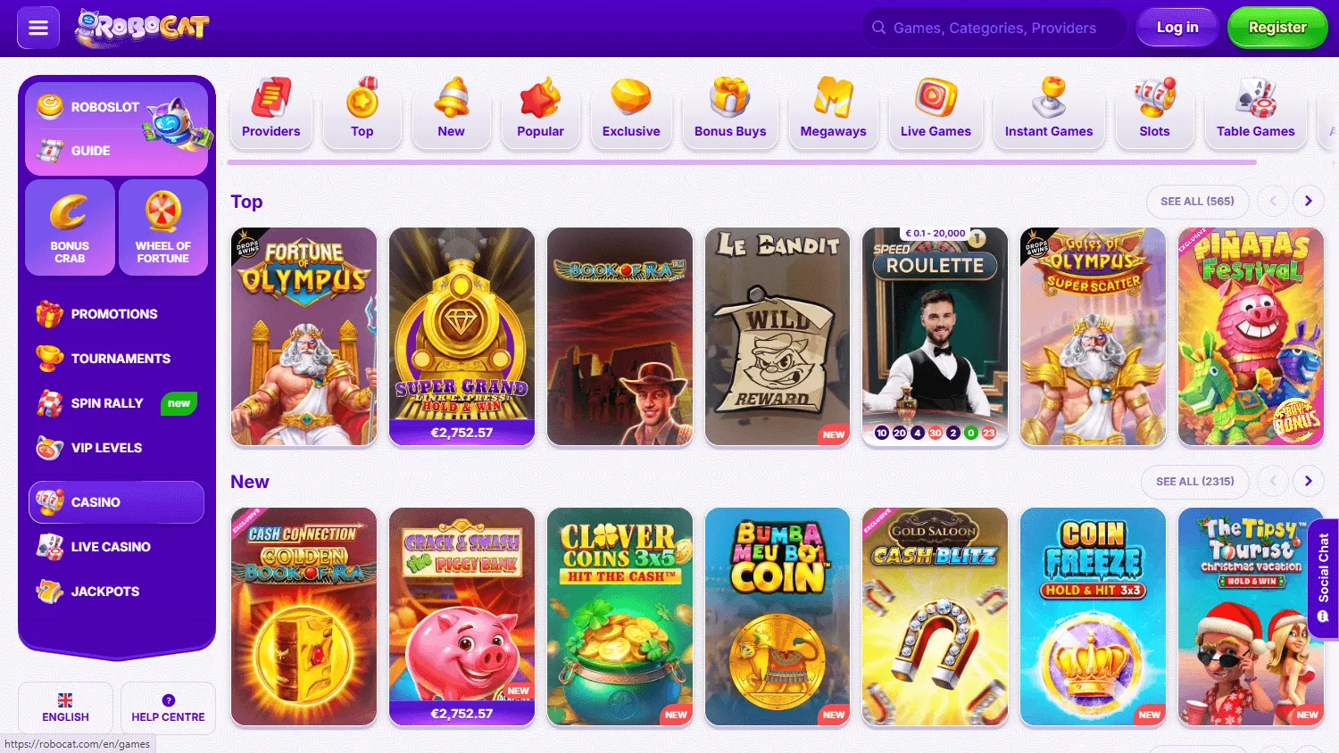 Robocat Casino desktop game selection