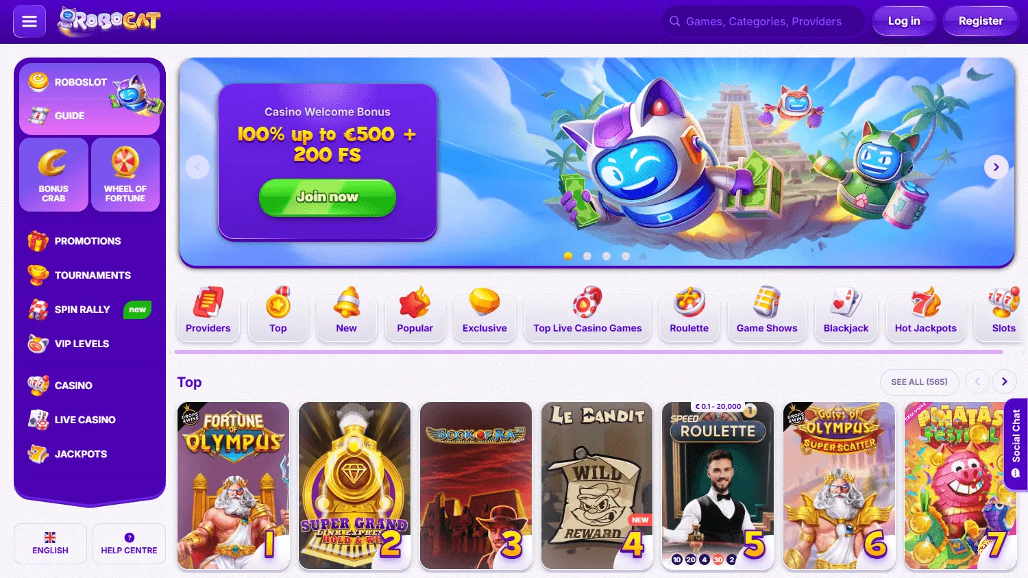 Robocat Casino desktop home screen