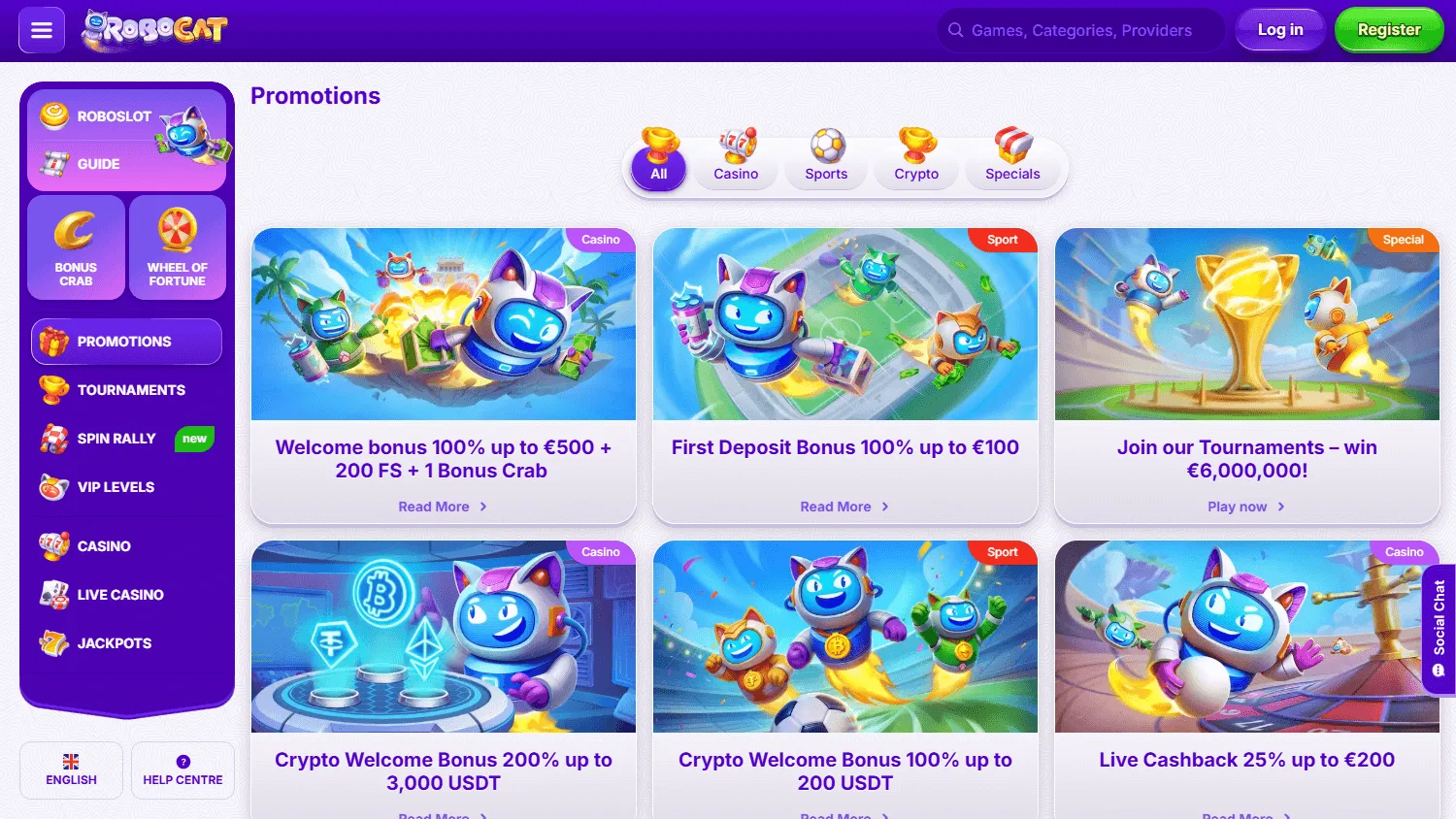 Robocat Casino desktop promotions area