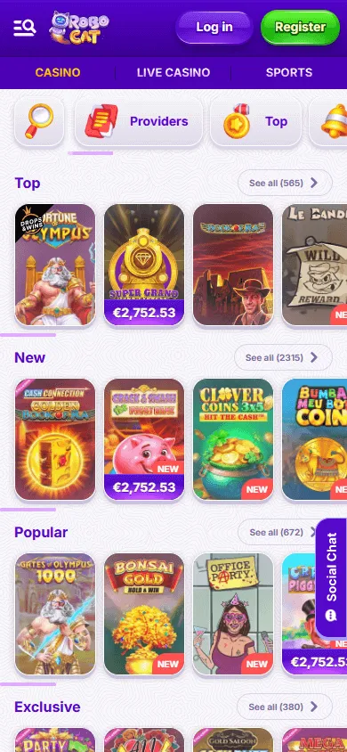 Robocat Casino mobile browser game selection