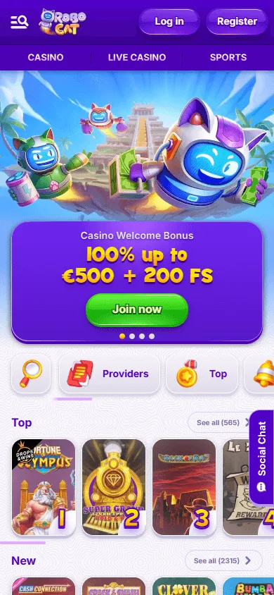 Robocat Casino mobile browser home screen