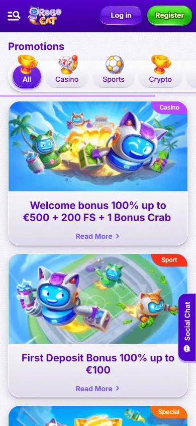 Robocat Casino mobile browser promotions area